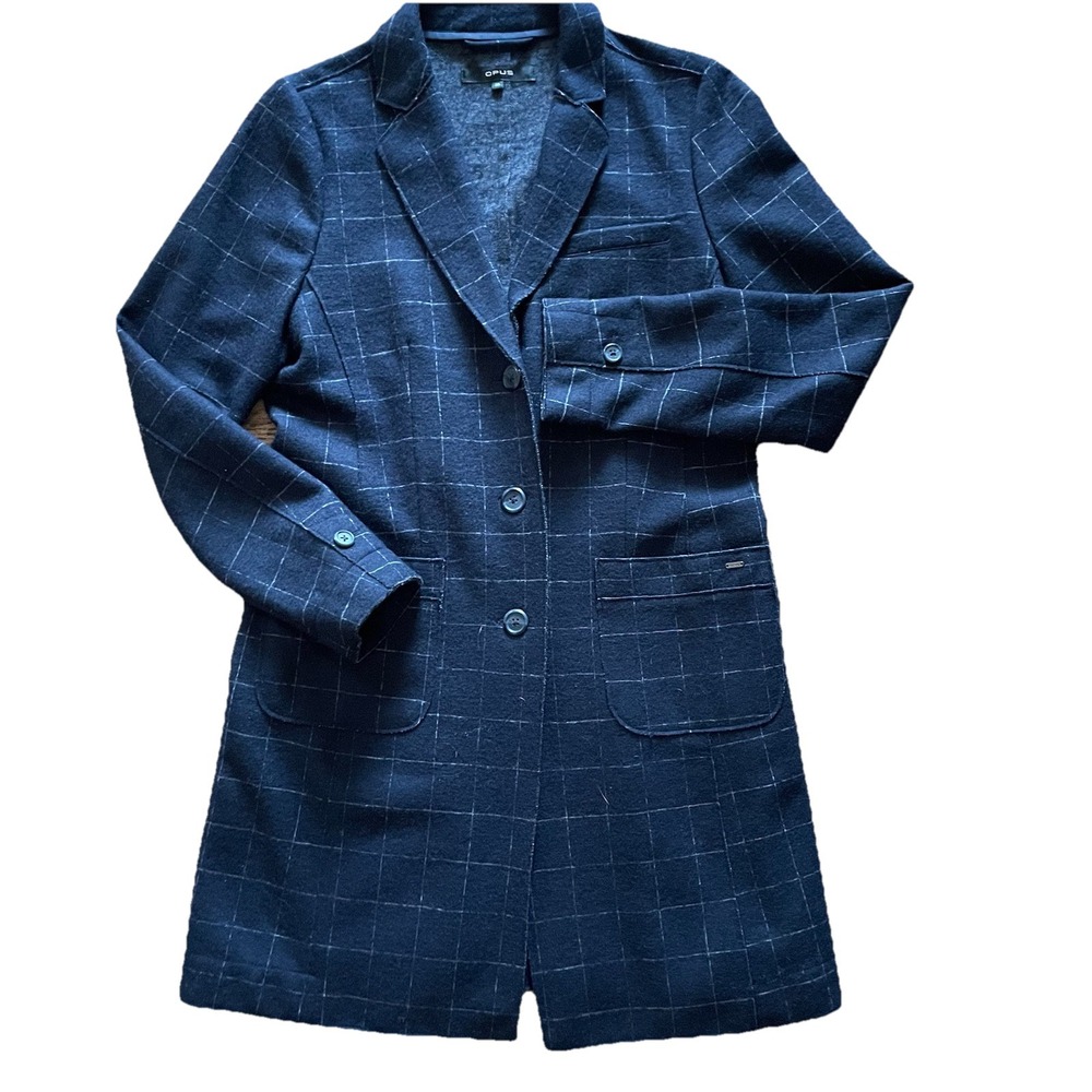 Opus Haley Window Check Blazer Women 38 Blue Longline Wool Jacket Vintage Scandi - Picture 4 of 9
